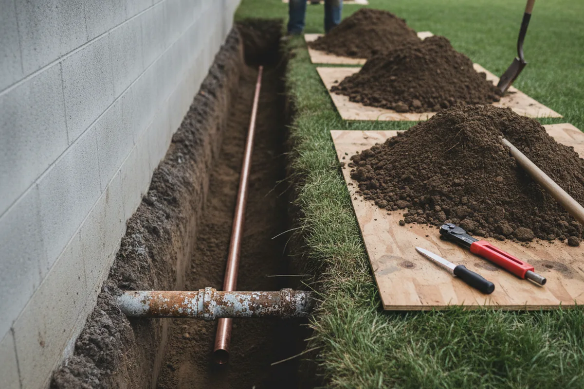 Excavated water line trench during Sewer Line Repair in Leesburg